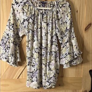 EUC Chaps Floral Bell Sleeve Blouse - Black, White, Cream